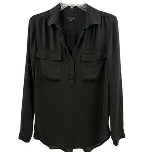 Ann Taylor Black Utility Blouse Button Front Chest Pockets Long Sleeve M